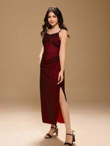 Vestido elegante de fiesta de Navidad con tirantes finos y fruncido para adolescentes - Negro - Ver 4