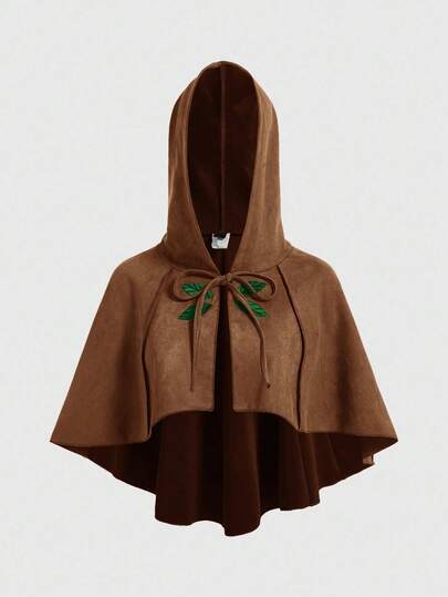 Giacca con cappuccio e mantella ricamata a foglie in stile Fairycore per taglie comode