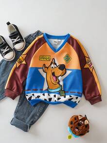 SCOOBY-DOO X SHEIN Young Boy Cartoon Pattern Colorblock V-Neck Raglan Long Sleeve Knit Sweatshirt - Multicolor - View 1