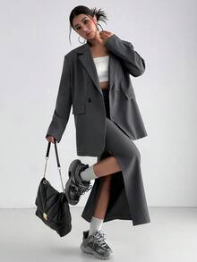 Aidyla 女装秋季时尚复古风双排扣+开衩百褶A字裙高端宽松商务休闲西装套装女秋装裙套装女S套装西装裙西装裙套装女西装连衣裙女套装