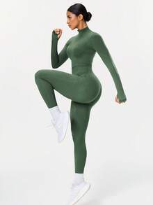 Seamluxe SHEIN Sport Bộ đồ thể thao cổ cao tay dài và quần dài liền mạch - xanh quân đội - Xem 3