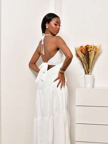 Mima John Đầm maxi hở lưng buộc dây Crepe dành cho dịp nghỉ dưỡng & đám cưới - trắng - Xem 4