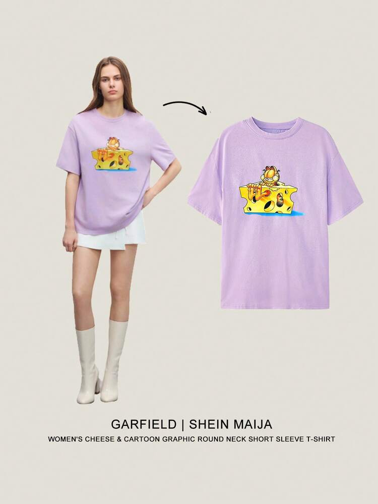 SHEIN Maija Women's Cheese & Cartoon Graphic Round Neck Short Sleeve T-Shirt