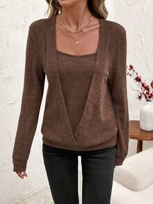 SHEIN Clasi Maglione casual lavorato a maglia con spalle scoperte, maniche lunghe e vestibilità ampia, in colore unito, adatto per l'autunno, l'inverno, il Capodanno e il Natale - Castano - Visualizzare 4