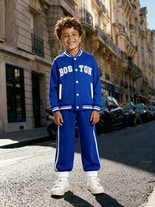SHEIN Explorewe Tween Boy Letter & Stripe Long Sleeve Baseball Jacket And Jogger Pants 2 Pieces Set, Casual For Autumn/Winter - Blue - View 3