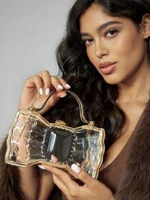 CUCCOO SZL 鑲有鑽石手柄和鍊條的蝴蝶結手拿包，透明派對晚宴包，獨特的設計非常適合女性，是一份有趣的禮物 - 無色 - 查看 1