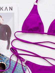 Swim SXY Summer Beach Solid Bikini Set Criss Cross Triangle & Tie Side Bottom 2 Piece Bathing Suit