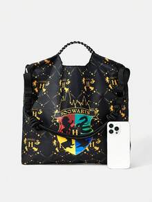 HARRY POTTER X SHEIN 卡通图案防水大容量手提包 - 黑黃色 - 查看 5