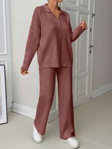 EURMUSE Woman Loose Fit Comfy Warm Thick Polo Neck Sweater And Pants Co-Ords Two Pieces Set - Dusty Pink - View 4