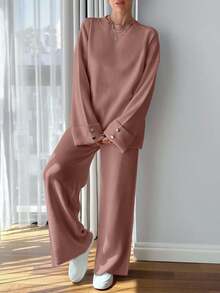 EURMUSE Women Button Detailed Sweater And Pant Set - Dusty Pink - View 5