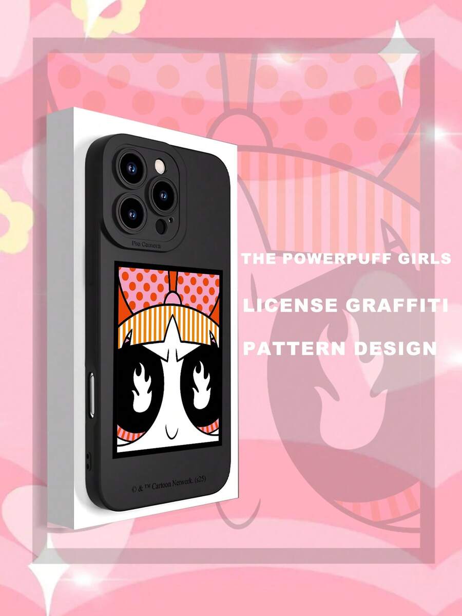 THE POWERPUFF GIRLS X SHEIN 1pc Cartoon Blossom Pattern Black Mobile Phone Case,Streetwise & Sweet, Compatible With IPhone 16/16 Plus/16 Pro/16 Pro Max, 15, 14, 13, 12, 11, X, XS Max , IPhone 17/17 Pro/17 Air/17 Pro Max Series, Compatible With For Galaxy S25,Galaxy S25 ULTRA,24,23,22series,Classic Mixed Style - Black - View 1