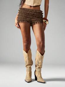 MISSGUIDED Broderie Mini Hot Pants High Waisted Ruffled Festival Shorts Summer Layering Boho Lace Trim - Brown - View 6