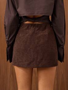 SHEIN BAE 女士纯色高腰短款直筒休闲裙 - 咖啡棕 - 查看 2