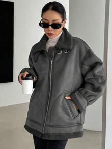 DAZY 女士仿麂皮加厚常规款夹克，冬季女式外套 - 灰色 - 查看 4
