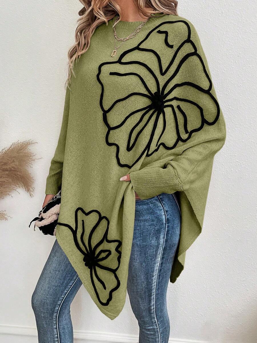 SHEIN LUNE Women's Fashionable Colorblock Pattern Crew Neck Long Sleeve Sweater - Green - View 1