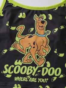 SCOOBY-DOO X SHEIN 女士可爱卡通狗印花吊带背心和内裤套装，舒适 - 黑色 - 查看 7