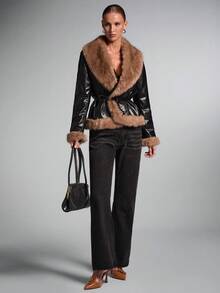 SHEIN BAE Women's Fluffy Panel Front Button Closure Long Sleeve Casual PU Leather Trench Coat Fall Winter Cloth For Women, With Fox Fur Cuff, Lapel Design - Black - View 5