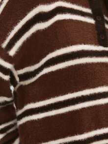 Nöista Women's Brown Stripe Plush Polo Sweater,Vintage Autumn Casual School Back-To-School Look,Warm Soft Winter Striped Knitwear,Versatile Cozy Styling - Multicolor - View 4