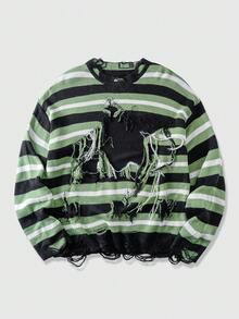ROMWE MEN Street Life Suéter de hombre con rayas de color contrastante, decoración con flecos y efecto desgastado para otoño/invierno - Verde - Ver 1