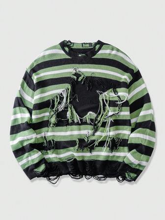 Street Life Suéter de hombre con rayas de color contrastante, decoración con flecos y efecto desgastado para otoño/invierno