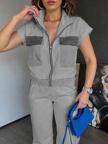 Xyvia 2pcs Women's Fashionable Casual Sports Zip-Up Short Sleeve Top And Pants Set