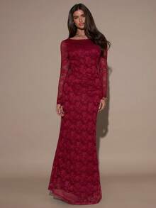 SHEIN BAE Women's Solid Color Lace Backless Sheer Sexy Long Sleeve Dress,A Red Lace See-Through Dress, Suitable For Cocktail Parties, Romantic Dates, Autumn/Winter Layering, Parties, Formal Gatherings, Christmas, And Other Occasions; A Christmas Party Dress. - Burgundy - View 4