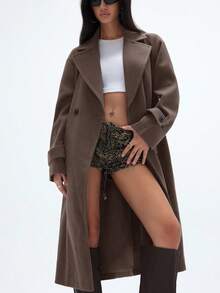 GENKIRA 秋冬新款宽松柔软羊毛大衣女装，优雅风范 - 咖啡棕 - 查看 3