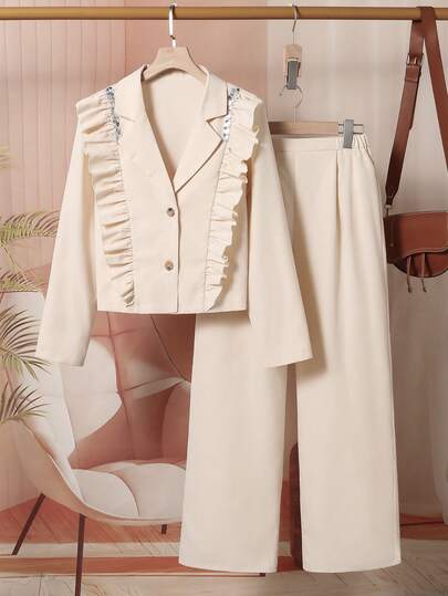 2pcs Teenage Set: Beaded Shoulder Decor Blazer Jacket With Lapel Collar, Casual Pants