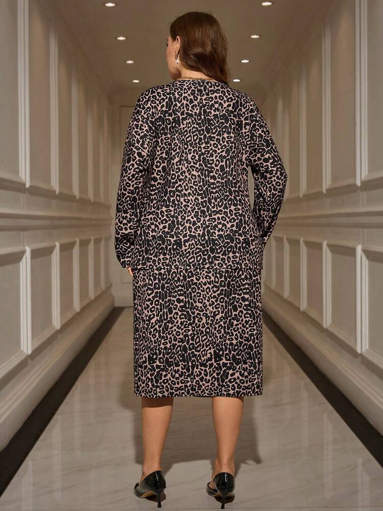 Plus Size Women Leopard Print V-Neck Long Sleeve Top And Skirt 2 Pieces Set Elegant Skirt For Party ,Autumn/Winter,Going Out Outfits,2025 New Clothes,Simple And Fashionable For Everyday Wear, Plus Size Winter Clothes,New Year Dress Plus Size Leopard Print Dress