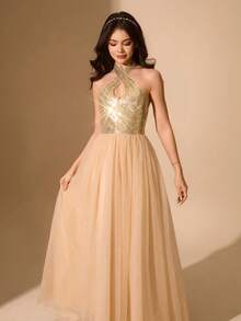 Elegant Champagne Gold Sequin Mesh Spaghetti Strap Sleeveless Summer Maxi Dress For Teens,Flower Girl,Wedding,Prom,Christmas,Graduation - Champagne - View 6