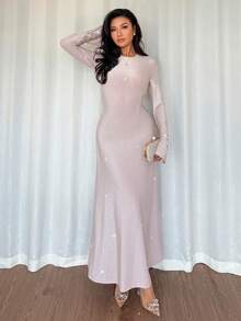 Chiquease Women's Party Dress, Sexy Backless Strappy Long-Sleeved Dress, Long Dress With Silver Thread Fabric, Christmas Party Dress. - Baby Pink - View 5