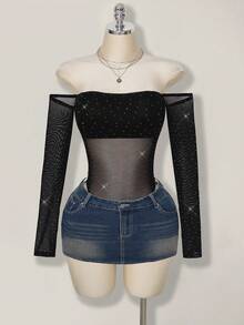SHEIN ICON Women's Black Party Rhinestone Mesh Off-Shoulder Long Sleeve Sexy Bodysuits,Winter Outfit For Women,Glitter Top