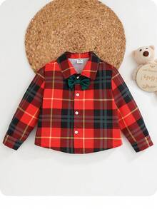 SHEIN 男婴红绿格子衬衫，休闲外出度假穿着，适合秋冬季节。 - 彩色 - 查看 7