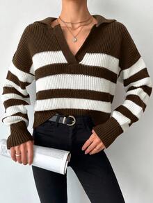 SHEIN Tall Striped Pattern Drop Shoulder Sweater, Tall Women - Brown - View 4