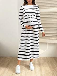 SHEIN 孕妇圆领宽松条纹休闲连衣裙 - 黑與白 - 查看 5