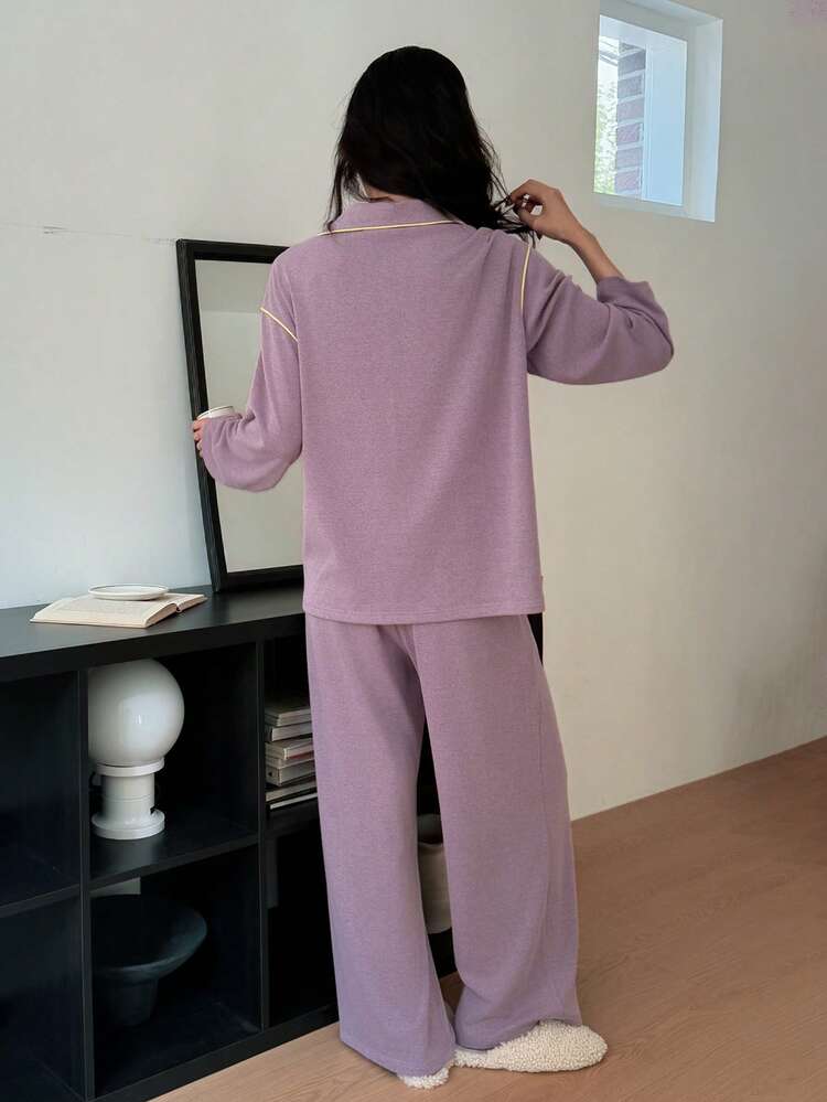 Women's Contrast Trim Knit Pajama Set, Autumn/Winter