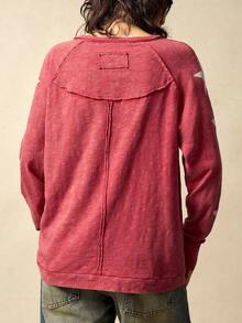 Bohemela Camiseta holgada de mujer de cuello redondo de manga larga de punto de unicolor - Burdeos - Ver 6