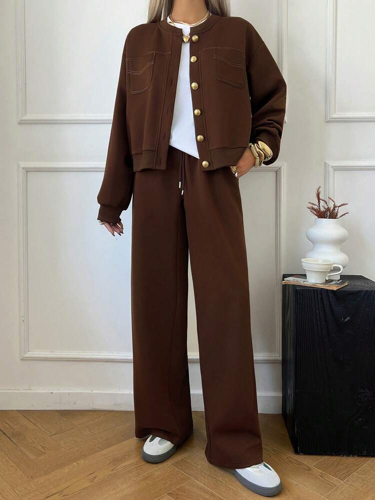 Women's Drop Shoulder Long Sleeve Button Front Casual Jacket And Loose Fit Pants 2 Pieces Set Lounge Sets For Women