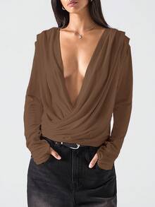 LYSMO 女士时尚性感纯色裹身深V领上衣 - 棕色 - 查看 5