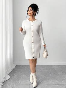 Elenzga Gaun Sweater Rajut Lengan Panjang Ukuran Besar dengan Gesper Logam yang Modis, Elegan, dan Serbaguna, untuk Musim Dingin - Aprikot - View 6