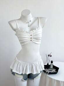 Elamini 女士休闲吊带背心，饰有荷叶边和前褶 - 白色 - 查看 3