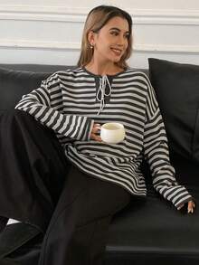 DAZY Suéter holgado de punto casual con cordón y mangas largas con rayas de contraste para mujer, otoño/invierno - Gris - Ver 6