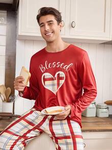 CoupledUp Valentine's Day Plaid Heart Pattern Contrast Color Long Sleeve Top & Pants Men's Loungewear Set,Black And White Plaid,Autumn,Casual,Home Couple Pjs - Multicolor - View 4