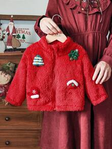 Vintaside Kids معطف بنات للأطفال بتصميم شجرة عيد الميلاد المزينة ثلاثية الأبعاد، مبطن بالفرو الناعم السميك الدافئ، بتصميم ريفي أنيق وعملي وملائم للجميع، مناسب لفصل الخريف/الشتاء - الأحمر - مشاهدة 1