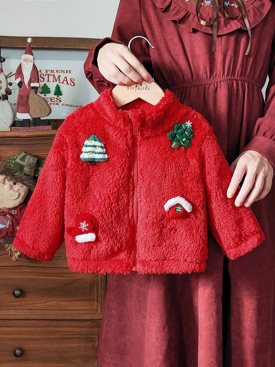 Vintaside Kids معطف بنات للأطفال بتصميم شجرة عيد الميلاد المزينة ثلاثية الأبعاد، مبطن بالفرو الناعم السميك الدافئ، بتصميم ريفي أنيق وعملي وملائم للجميع، مناسب لفصل الخريف/الشتاء - الأحمر - مشاهدة 1