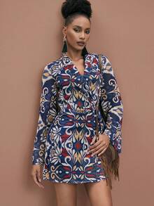 JIAN LASALA Boho All-Over Printed Mesh Wrap Tie Flared Long Sleeve Short Dress Women Casual Wear Ankara African Dress 70s Dress African Print Dress Geometric Print Dress Women Western Dress Resort Wear Elegant Ibiza Women Western Dress Graphic Dress - Multicolor - View 7