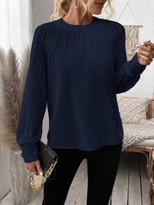 SHEIN LUNE Women's Casual Commuter Solid Color Patchwork Raglan Sleeve Fold Pleated Loose Blouse, Spring/Autumn - Navy Blue - View 3