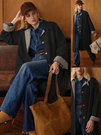 Écloséra 优雅法式复古卡其色衬衫领长袖格纹撞色开襟春秋女式风衣