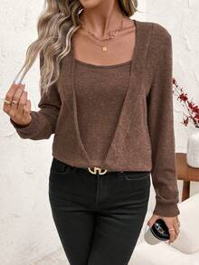 SHEIN Clasi Maglione casual lavorato a maglia con spalle scoperte, maniche lunghe e vestibilità ampia, in colore unito, adatto per l'autunno, l'inverno, il Capodanno e il Natale - Castano - Visualizzare 6