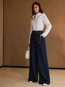 MOTF PREMIUM Camicia elegante e versatile da donna, con pannello plissettato, colore unito, adatta per l'ufficio e il tempo libero, per primavera/autunno